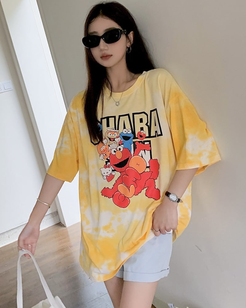 売り切れ必至  絞り染め プリント ビッグロゴ ゆったりトップス 半袖Tシャツ 全2色ins-8272
