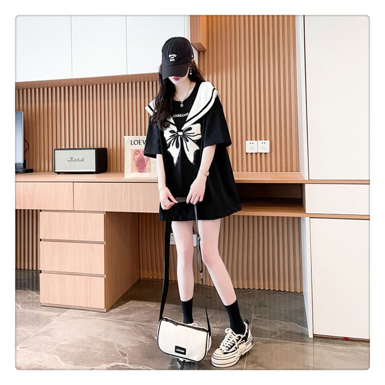 夏新作 キュート レイヤード風 プリントTシャツ 2色 ゆったり半袖ins-8226