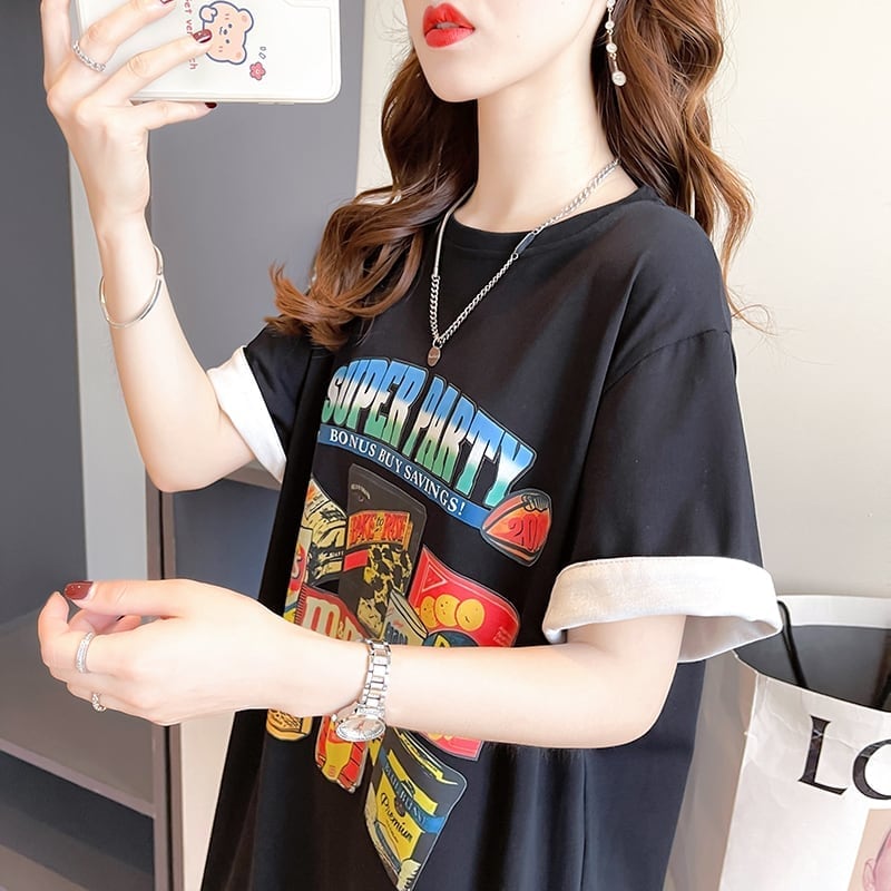 スタイリッシュ 一目惚れ プリント Tシャツ カットソー ワンピースins-3575