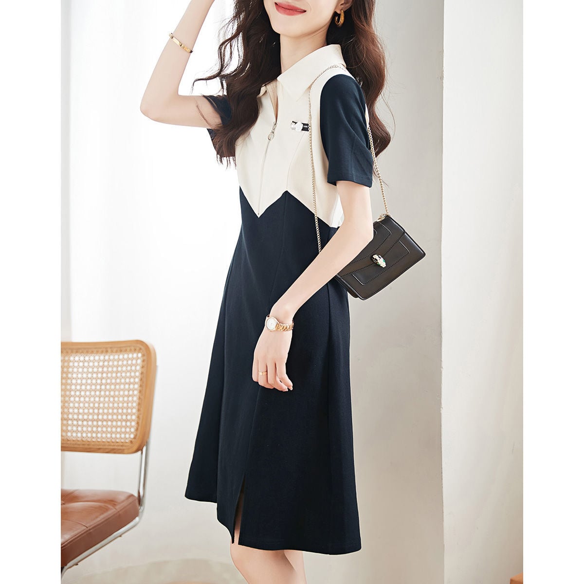 超人気 カジュアル ファッション 切り替え 半袖ワンピースins-8446