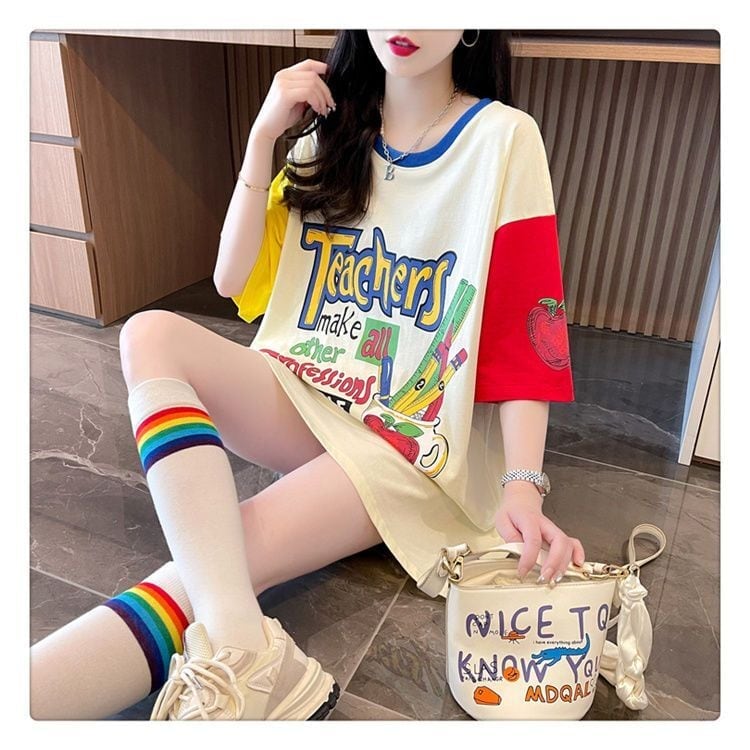 おすすめ 個性派 アルファベット プリントTシャツ ゆったり半袖ins-8090