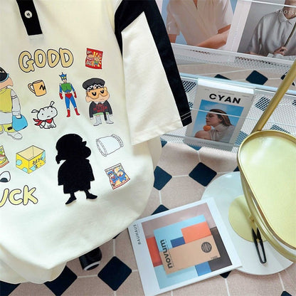 期間限定 カジュアル 切り替え プリント 半袖Tシャツ カットソーins-8221