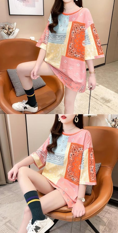 超人気商品 ラウンドネック 半袖 切り替え Tシャツ ワンピース ins-8637