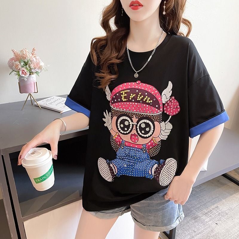 売り切れ必至 キュート スウィート ゆったり ダイヤモンド 半袖Tシャツins-8122