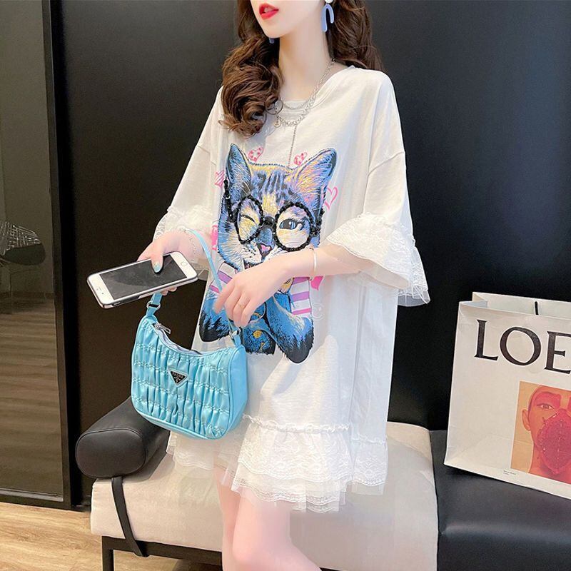 話題沸騰中 キュート ゆったり ロング丈 切り替え 2色半袖Tシャツins-8133