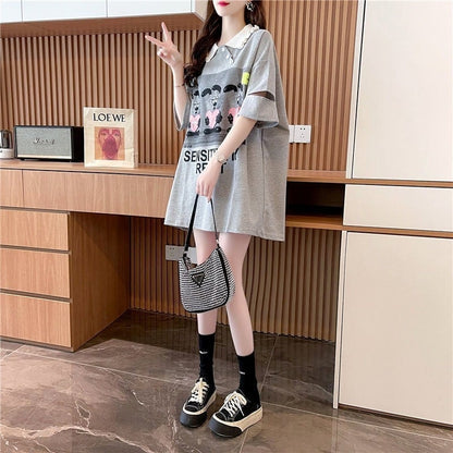 夏新作 POLOネック アルファベットプリント ロング Tシャツ ゆったりワンピース ins-3038