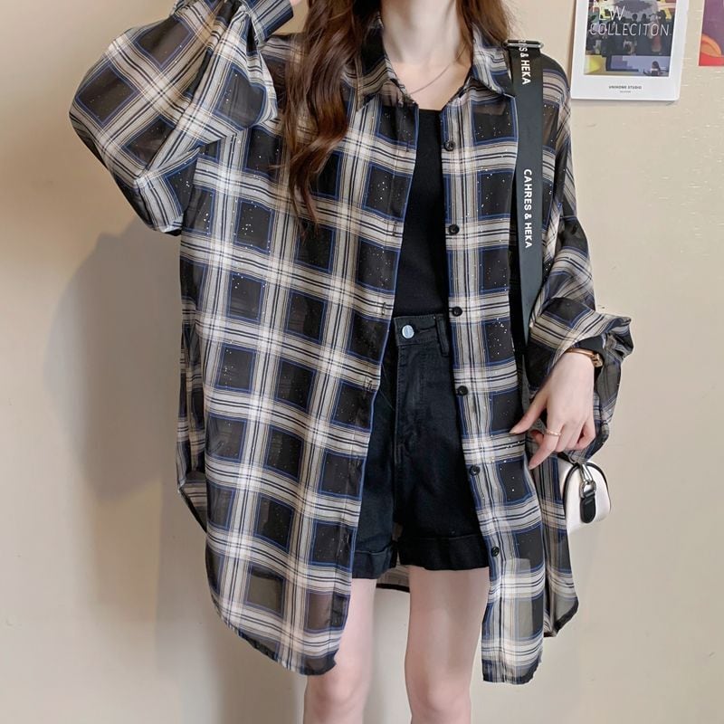 定番シンプル チェック柄 透け感 日焼け対策 全3色 シャツ ins-8544