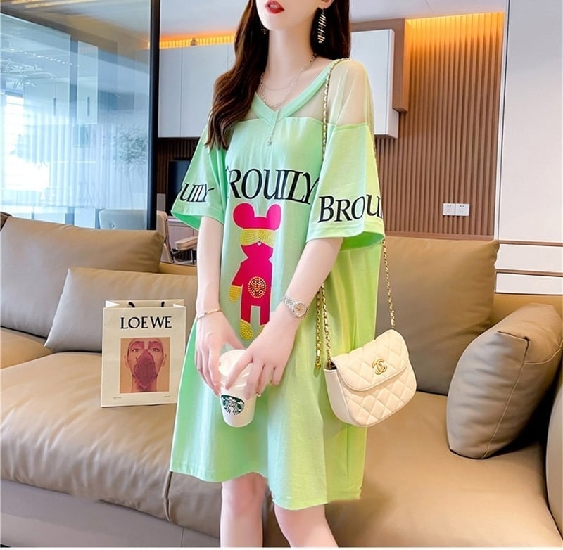 売り切れ必至 セクシー Vネック 切り替え チュール プリントTシャツ ゆったりワンピース ins-3050