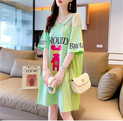 売り切れ必至 セクシー Vネック 切り替え チュール プリントTシャツ ゆったりワンピース ins-3050