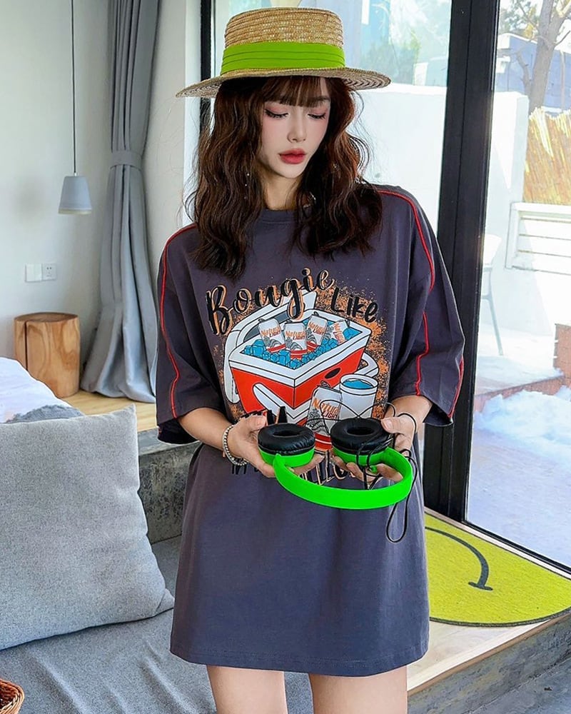 着せ ビッグロゴ ゆったり ロングTシャツ 半袖 ワンピースins-4859