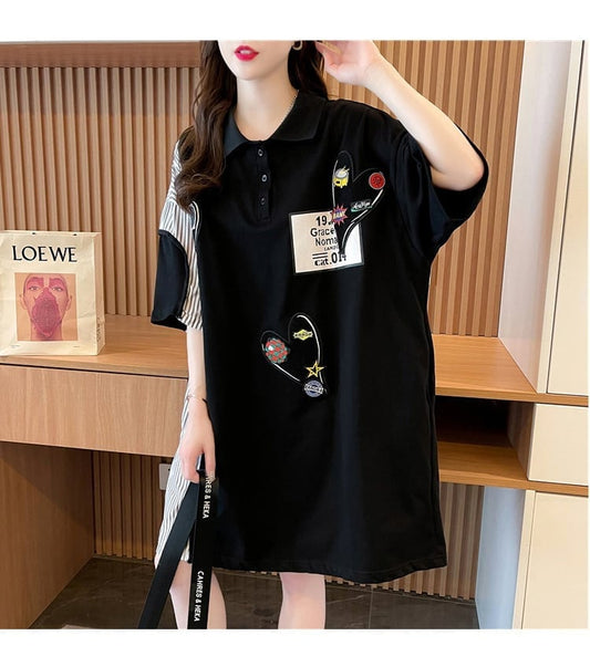 POLOネック ストライプ柄 切り替え ロング Tシャツ ゆったりワンピース ins-3031