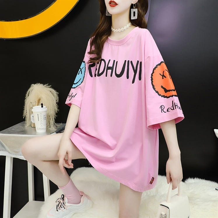 着回し力抜群 ゆったりロング丈切り替え三色半袖Tシャツins-8121