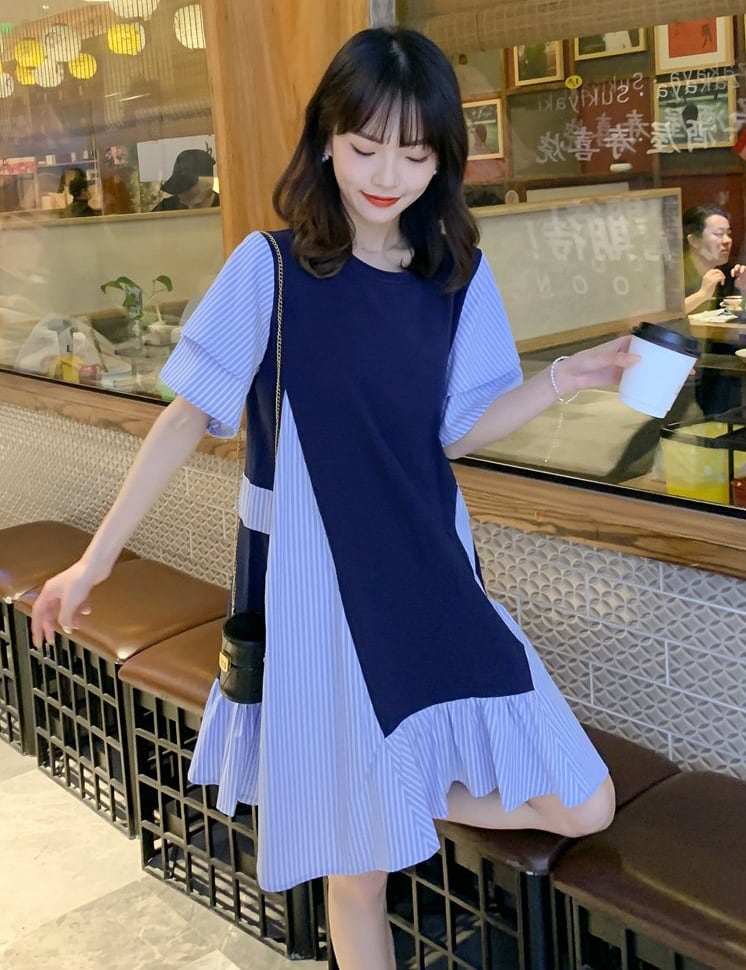 売り切れ必至 ファッション レイヤード風 ストライプ柄 半袖ワンピースins-8206