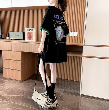 【半額！期間限定！！】デザインセンスニッチなミドル丈半袖Tシャツ新スタイルins-3007