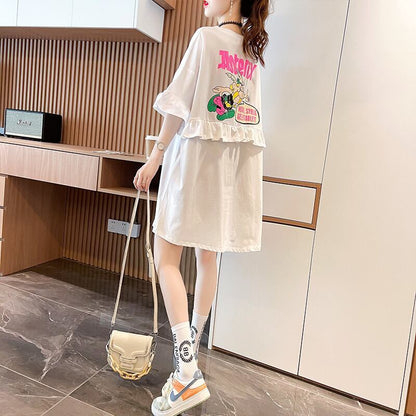 【半額！期間限定！！】合わせやすい フリル 切り替え プリント Tシャツ ゆったりワンピースins-3008