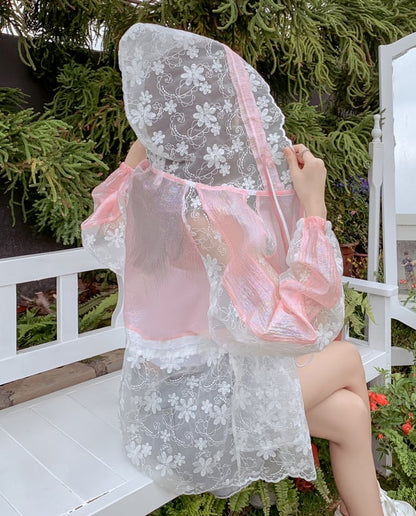 【人気急上昇中！】半額セール  美人度アップ キュート 透け感 日焼け対策 レース 刺繍 全3色 パーカー コートins-8510