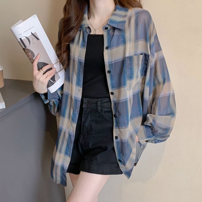 定番シンプル チェック柄 透け感 日焼け対策 全3色 シャツ ins-8544