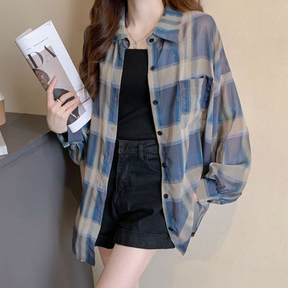 定番シンプル チェック柄 透け感 日焼け対策 全3色 シャツ ins-8544