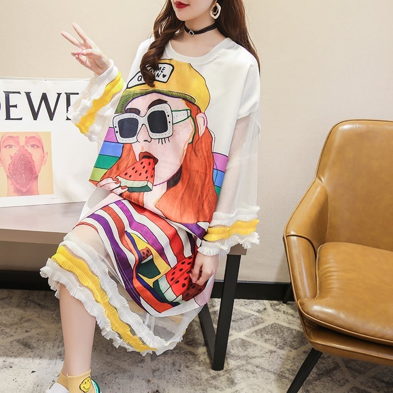 【ランキング上位】プリント お洒落 可愛い 着心地良い ロングTシャツワンピース　　ins-887