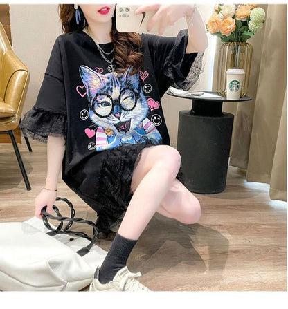 話題沸騰中 キュート ゆったり ロング丈 切り替え 2色半袖Tシャツins-8133