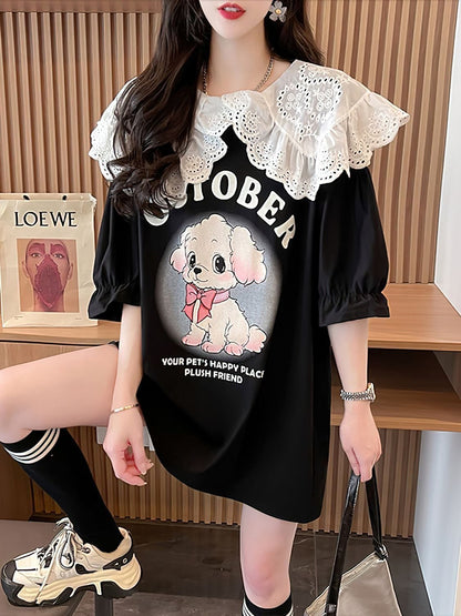 絶対流行 キュートプリント 切り替え ゆったり 5分袖 Tシャツins-8474