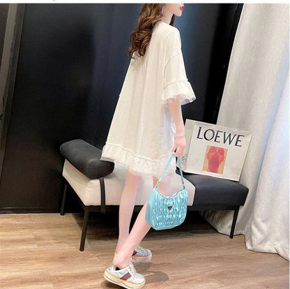 話題沸騰中 キュート ゆったり ロング丈 切り替え 2色半袖Tシャツins-8133