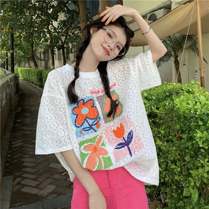 新作 透かし彫り プリント ゆったり 半袖 Ｔシャツ ins-8089