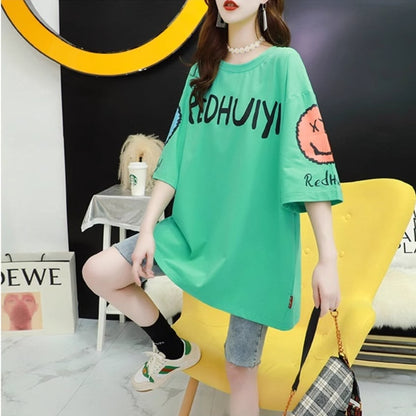 着回し力抜群 ゆったりロング丈切り替え三色半袖Tシャツins-8121