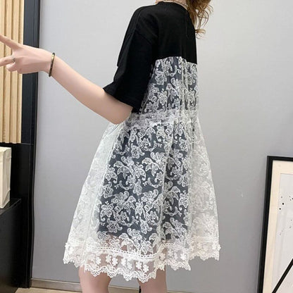女子マスト レース 切り替え ゆったり 着せ ハイウエスト 半袖 ワンピース　ins-2019