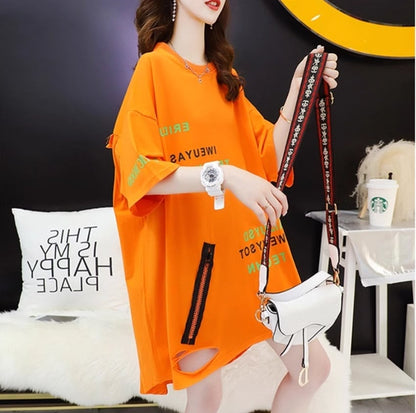 超人気 ゆったりロング丈 ダメージ加工 三色半袖Tシャツins-8107