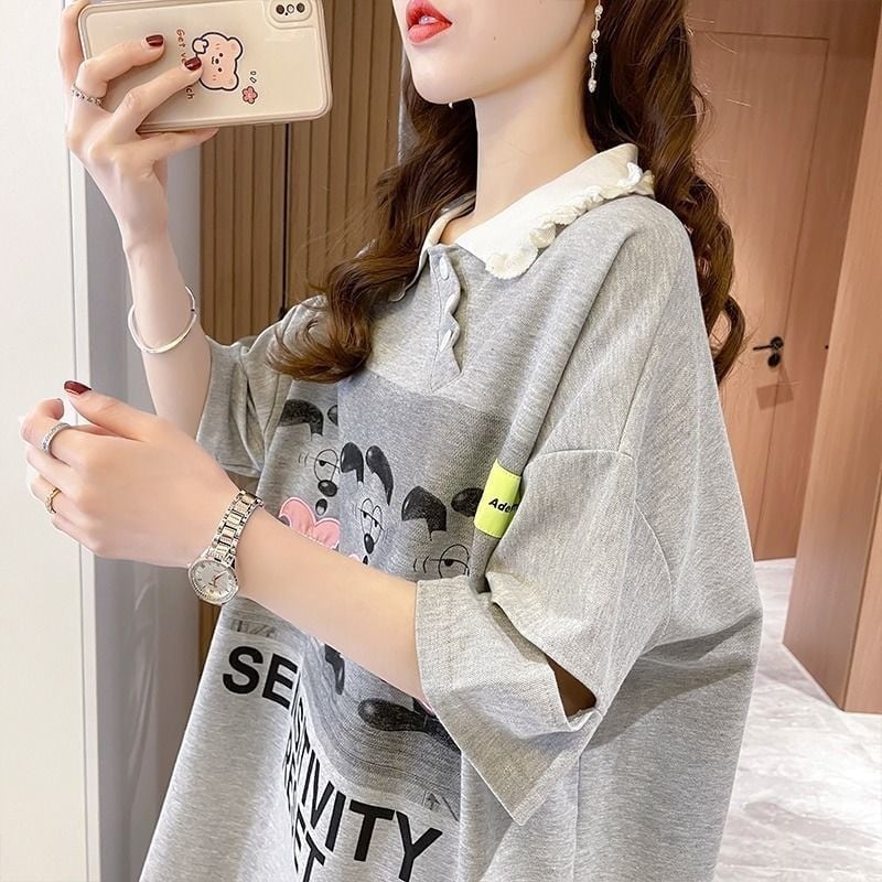 夏新作 POLOネック アルファベットプリント ロング Tシャツ ゆったりワンピース ins-3038