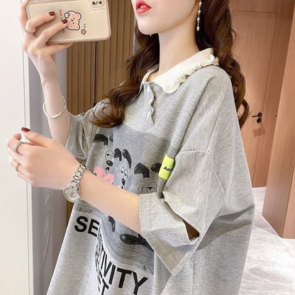 夏新作 POLOネック アルファベットプリント ロング Tシャツ ゆったりワンピース ins-3038