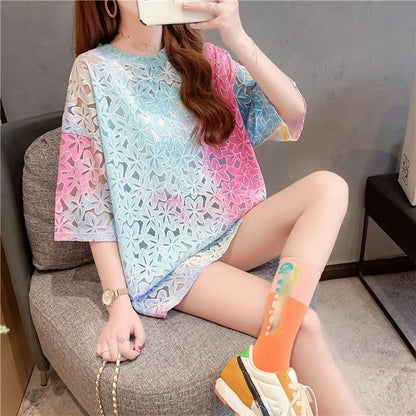 オシャレ度満点 スタイリッシュ ラウンドネック 透かし彫り Tシャツ カットソーins-2957