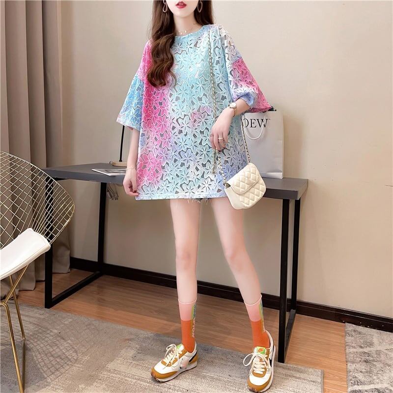 オシャレ度満点 スタイリッシュ ラウンドネック 透かし彫り Tシャツ カットソーins-2957