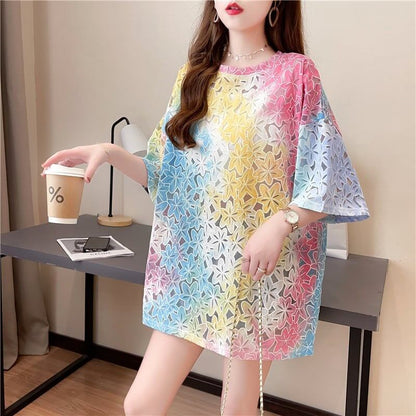 オシャレ度満点 スタイリッシュ ラウンドネック 透かし彫り Tシャツ カットソーins-2957