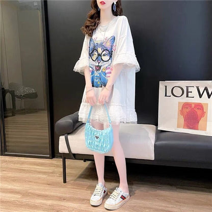 話題沸騰中 キュート ゆったり ロング丈 切り替え 2色半袖Tシャツins-8133