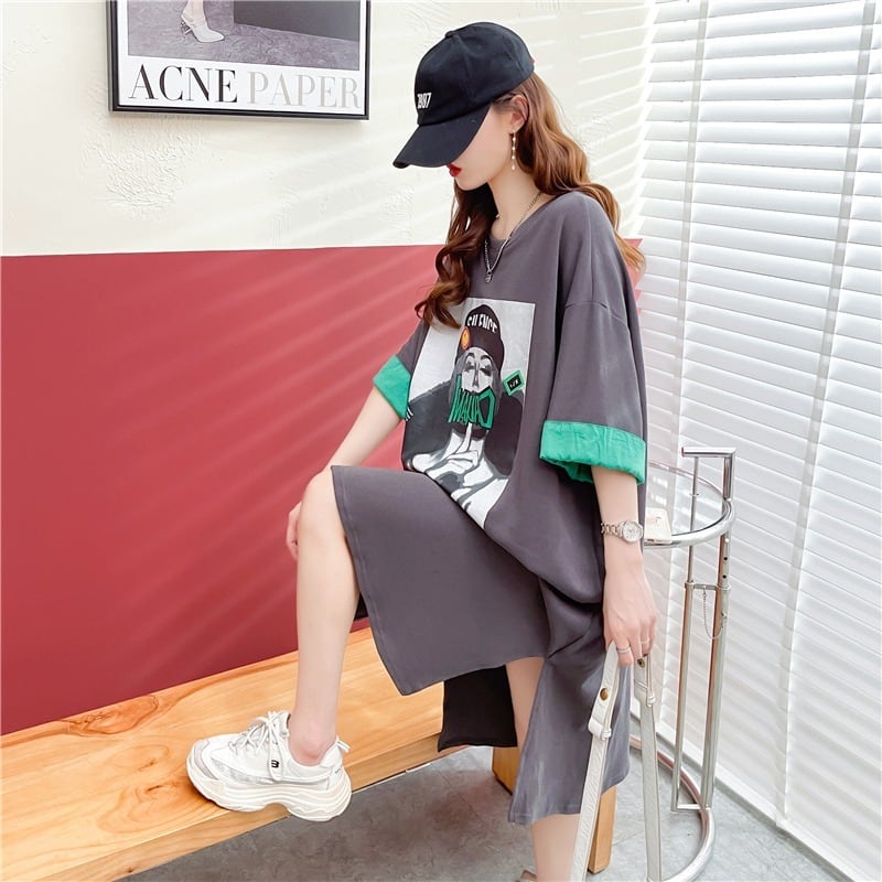 【半額！期間限定！！】今季マストバイ カジュアル プリント Tシャツ カットソー ワンピースins-8533