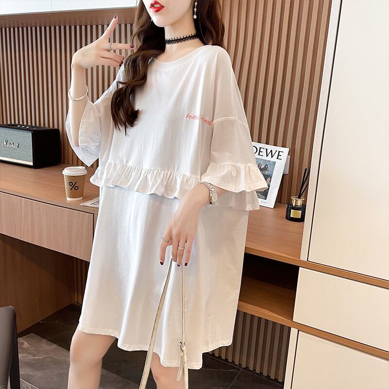 【半額！期間限定！！】合わせやすい フリル 切り替え プリント Tシャツ ゆったりワンピースins-3008