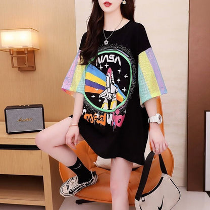 新作 切り替え プリント ピンク プリント スパンコール  全3色 半袖Tシャツins-8165