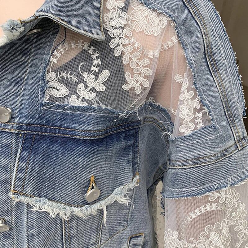 オシャレ度満点 透け感 チュール 刺繍 切り替え ジャケット ブルゾンins-2903