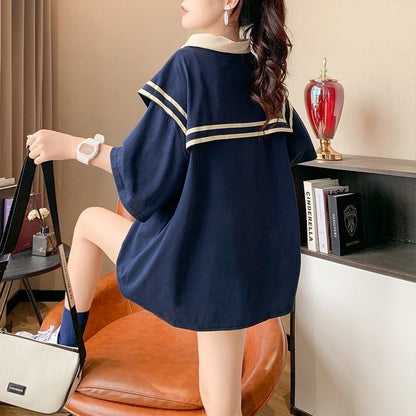 絶対欲しい セーラーカラー ロング Tシャツ 三色 ゆったりワンピースins-4028