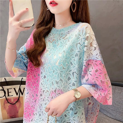 オシャレ度満点 スタイリッシュ ラウンドネック 透かし彫り Tシャツ カットソーins-2957