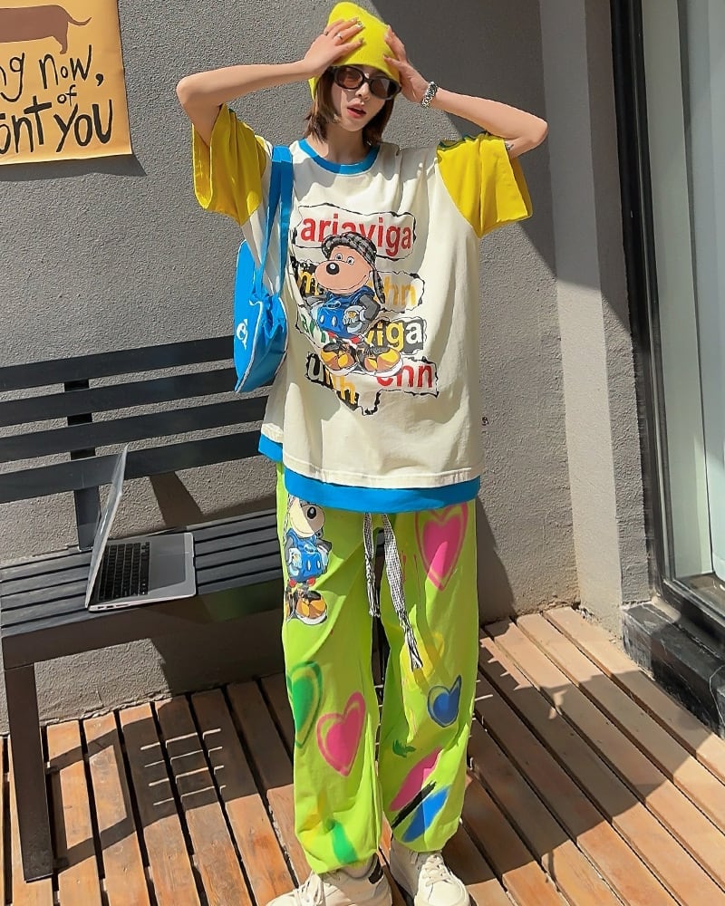 話題沸騰中 カジュアル  ゆったり プリント カラーマッチング 半袖Tシャツins-8067