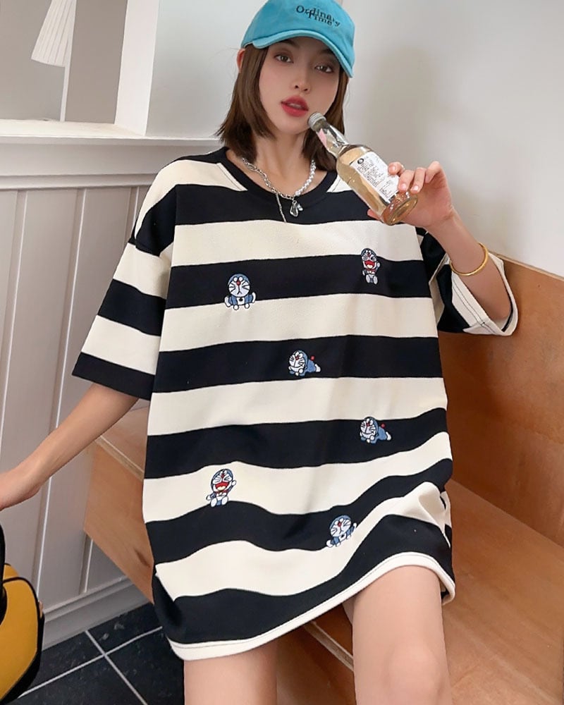 着回し力抜群 カジュアル ストライプ柄 プリント ゆったり半袖Tシャツ ins-8482