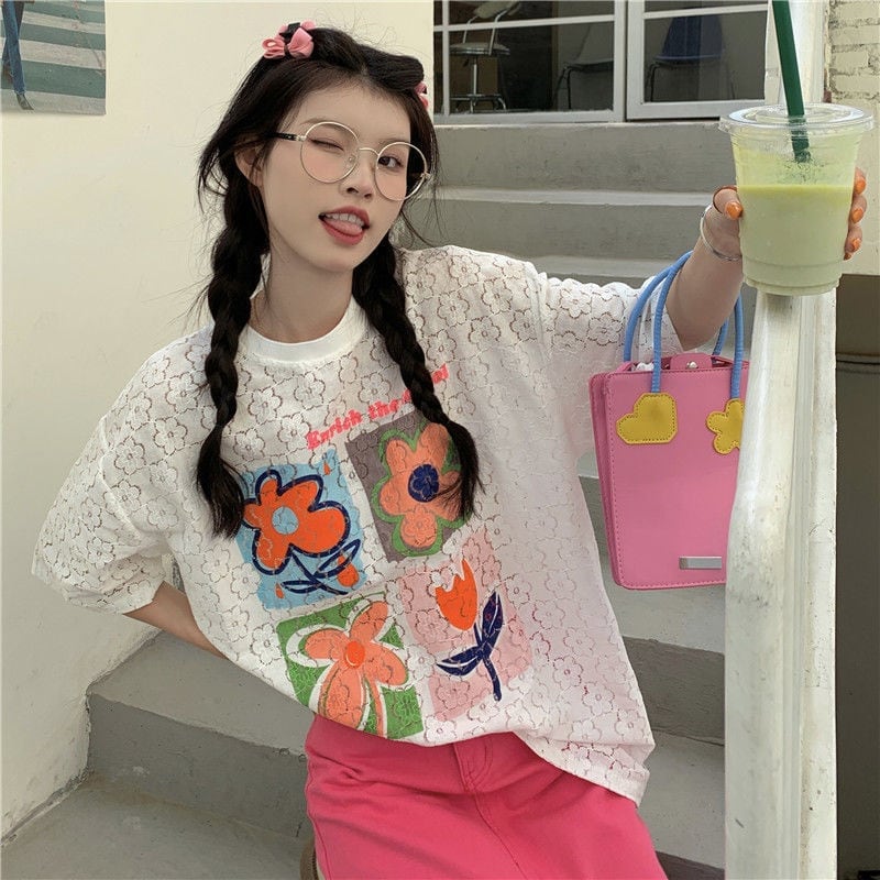 新作 透かし彫り プリント ゆったり 半袖 Ｔシャツ ins-8089