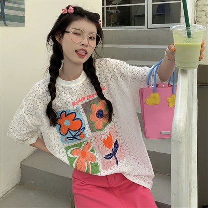 新作 透かし彫り プリント ゆったり 半袖 Ｔシャツ ins-8089