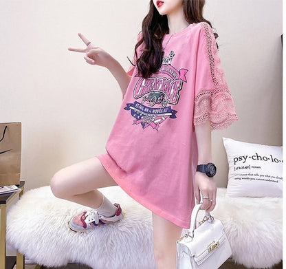 新作 ロング プリントTシャツ 半袖 ピンクins-2810