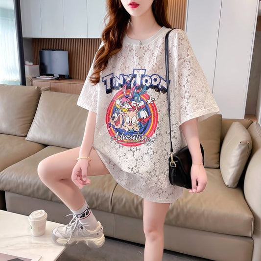 ハイエンドデザインセンスレース中空ルーズミドル丈半袖Tシャツins-3035