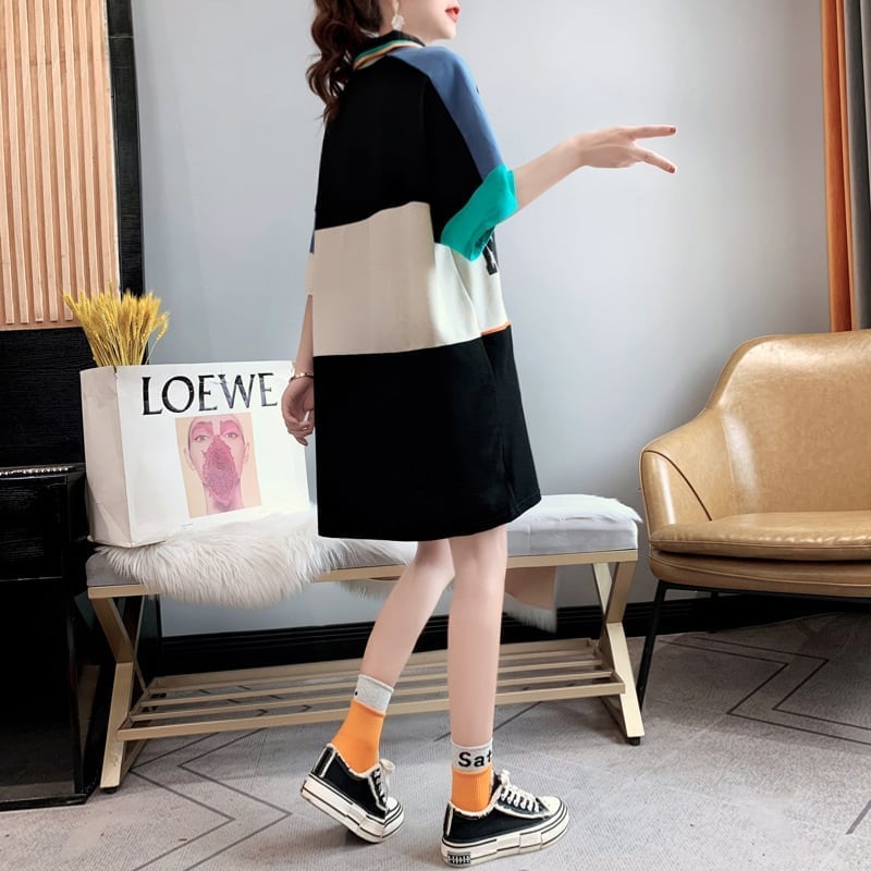 韓国系 POLOネック 切り替え ファスナー ロング Tシャツ 二色 ゆったりワンピース ins-3015