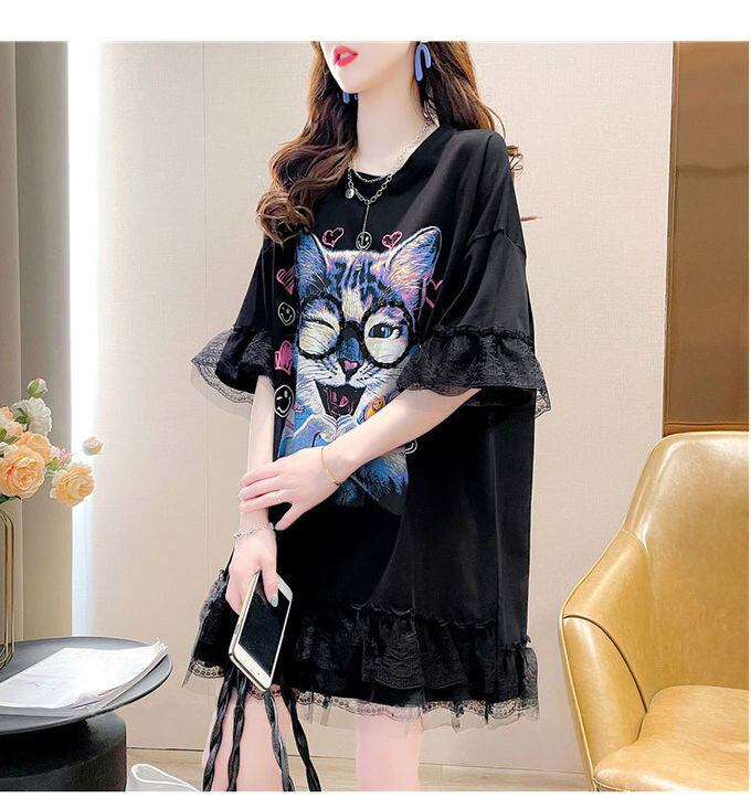 話題沸騰中 キュート ゆったり ロング丈 切り替え 2色半袖Tシャツins-8133